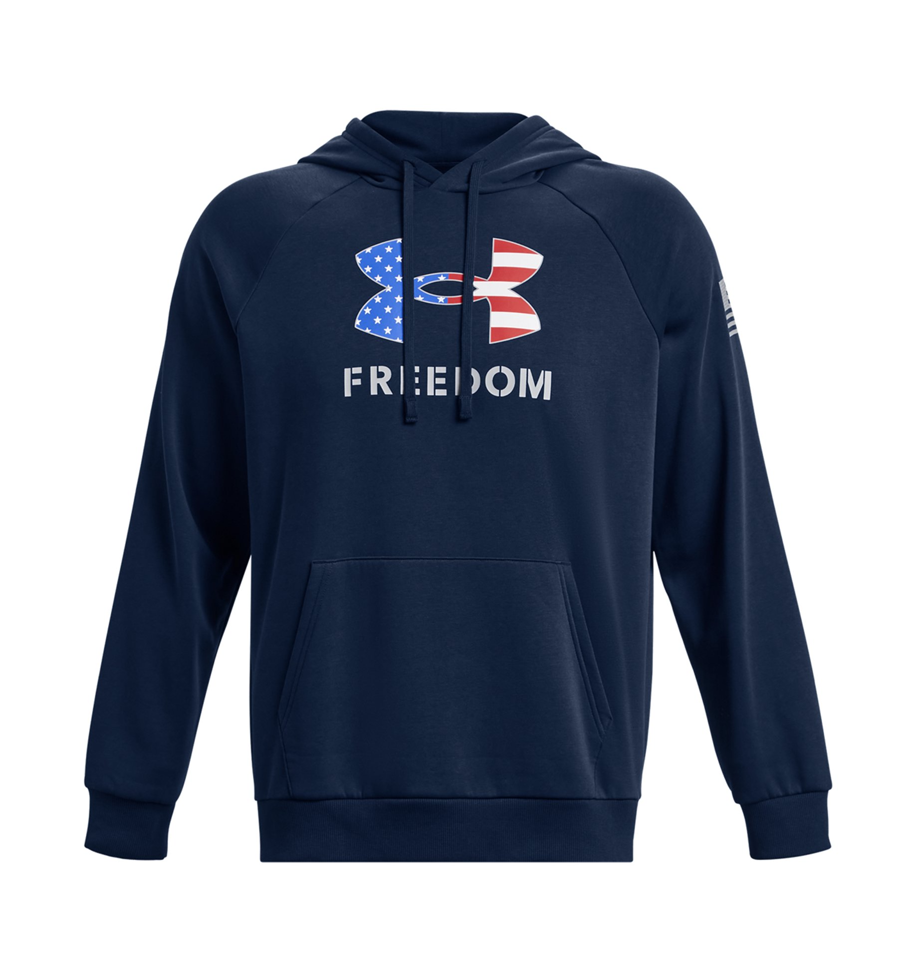 Under Armour UA Freedom Rival Fleece Hoodie with big flag logo, navy color, featuring a front pocket and raglan sleeves.
